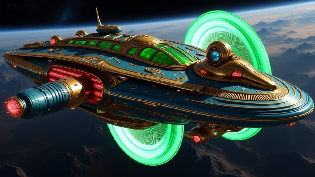 Ethereal Steampunk Starship in Dark Gold and Sky Blue