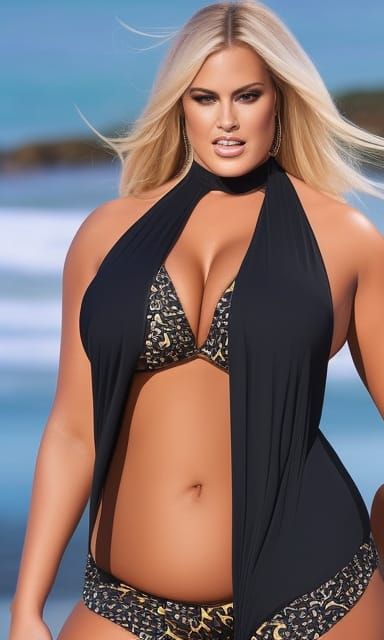 Confident Plus-Size Woman in Bikini and Heels