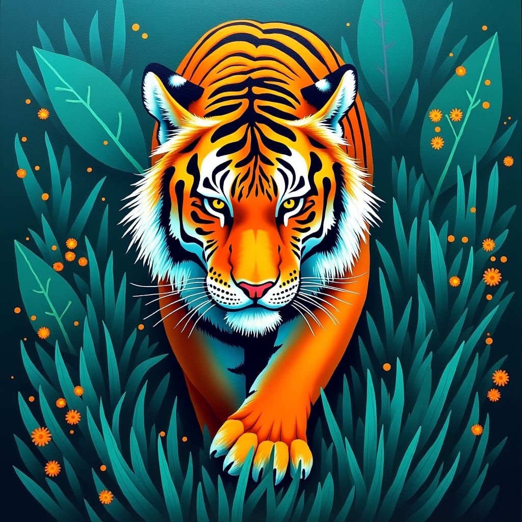 Tiger in Emerald Jungle: Abstract Expressionist Art