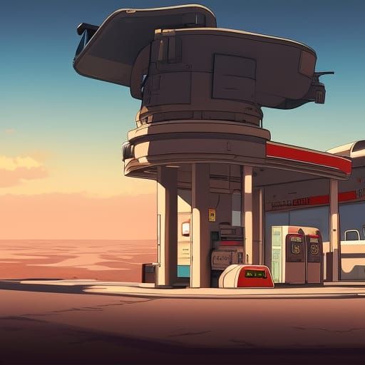 Retro Gas Station on Mars in Anime Style