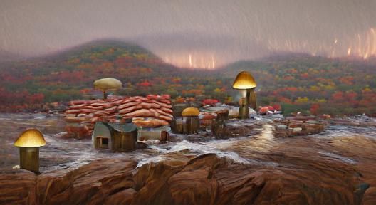 Underwater Mushroom Village in Hudson River School Style