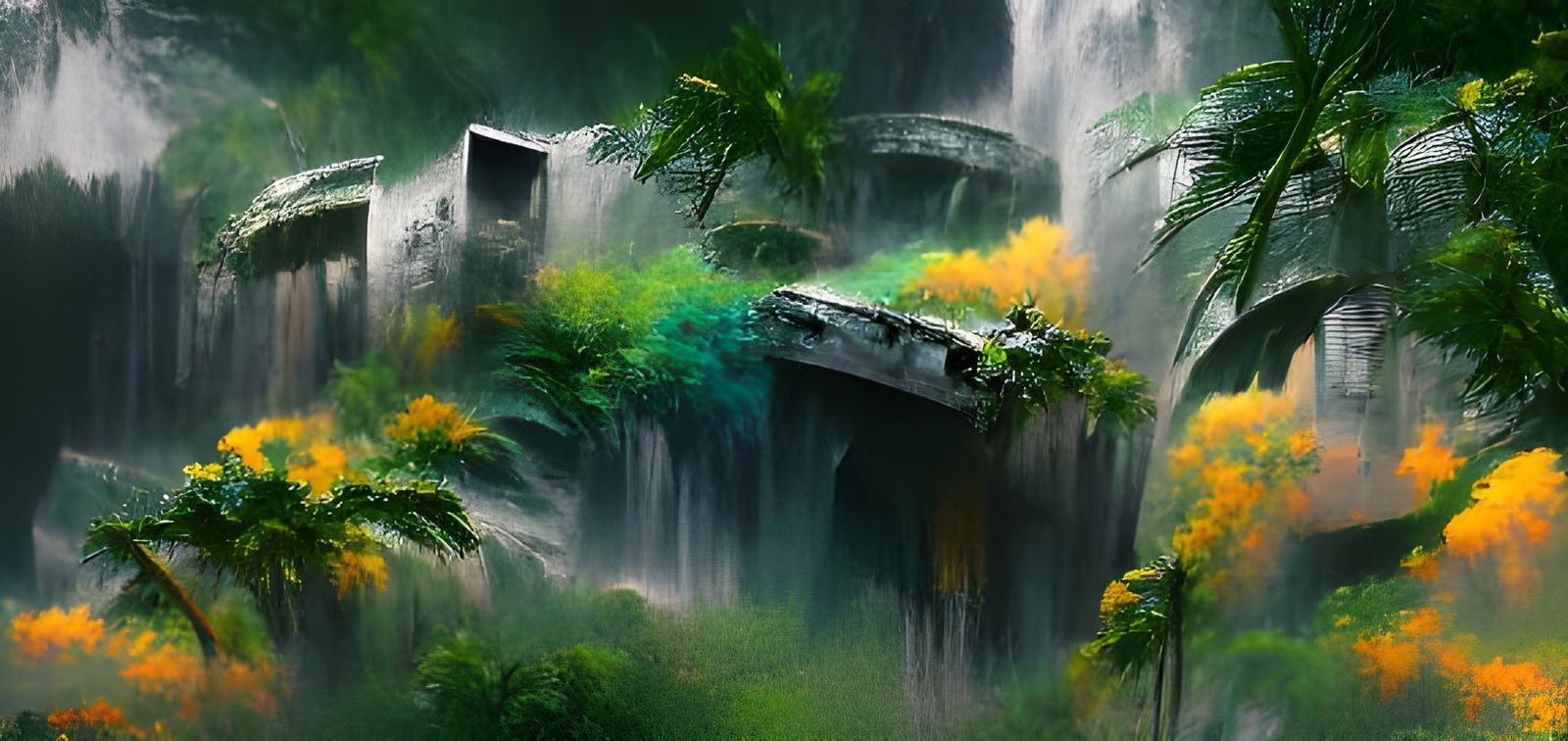 Lush Jungle Ruins with Crashed Spaceship, Matte Painting