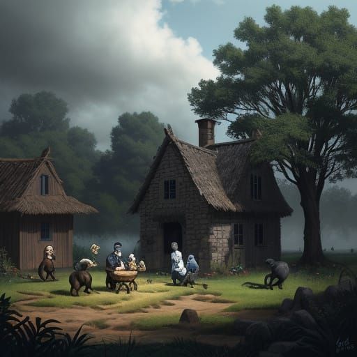 Villagers Gossip Near Forest: Hyperrealistic Concept Art