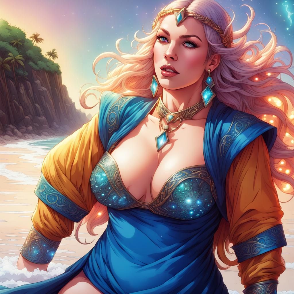Joyful Elf Sorceress on Multicolored Crystal Beach