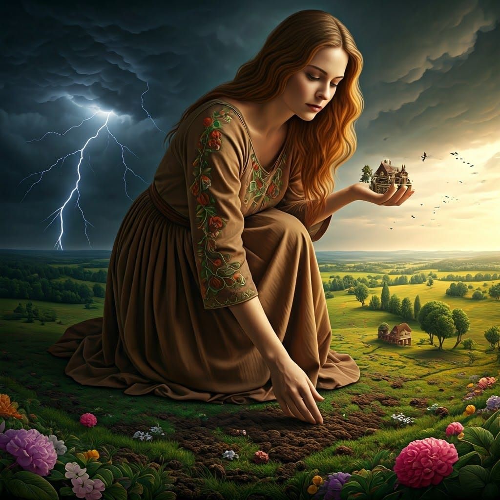 Gigantic Earth Woman Holding Village in Dreamscape