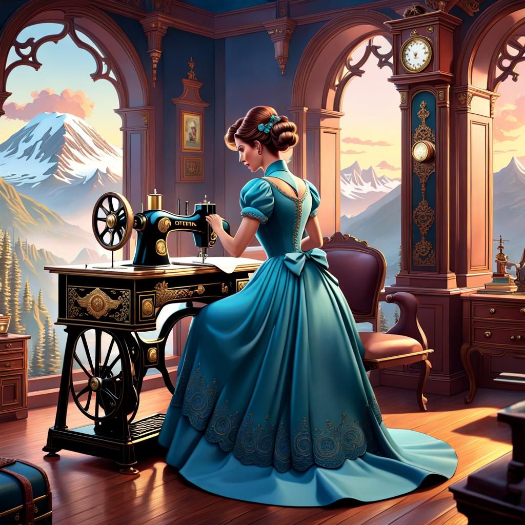 Mount Olympus at dawn 1895 Victorian woman sewing a dress on a Singer push peddle sewing machine detailed matte painting...