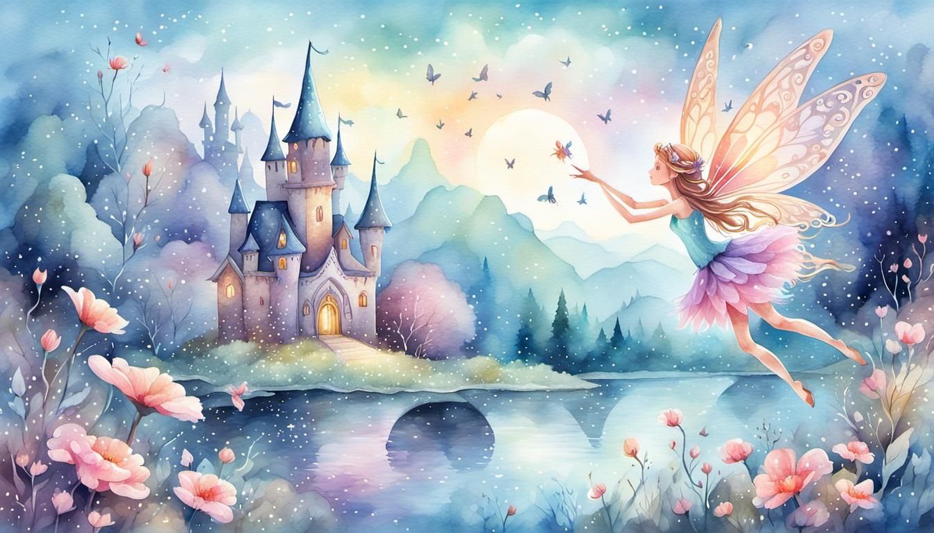 highly-detailed watercolor illustration, cute, elegant, whimsical design, very cute fairy in pastel colors with delicate...