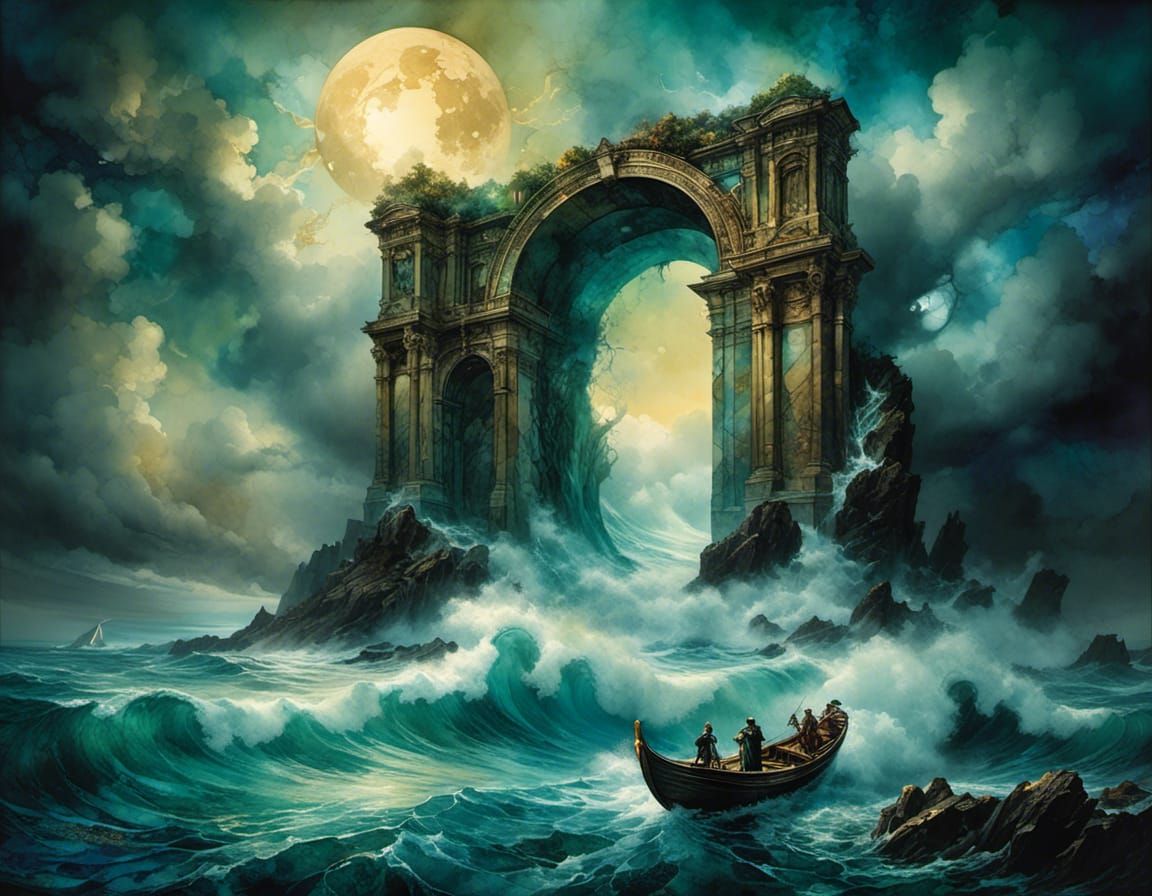 Floating Stone Arch Portal Above Raging Ocean