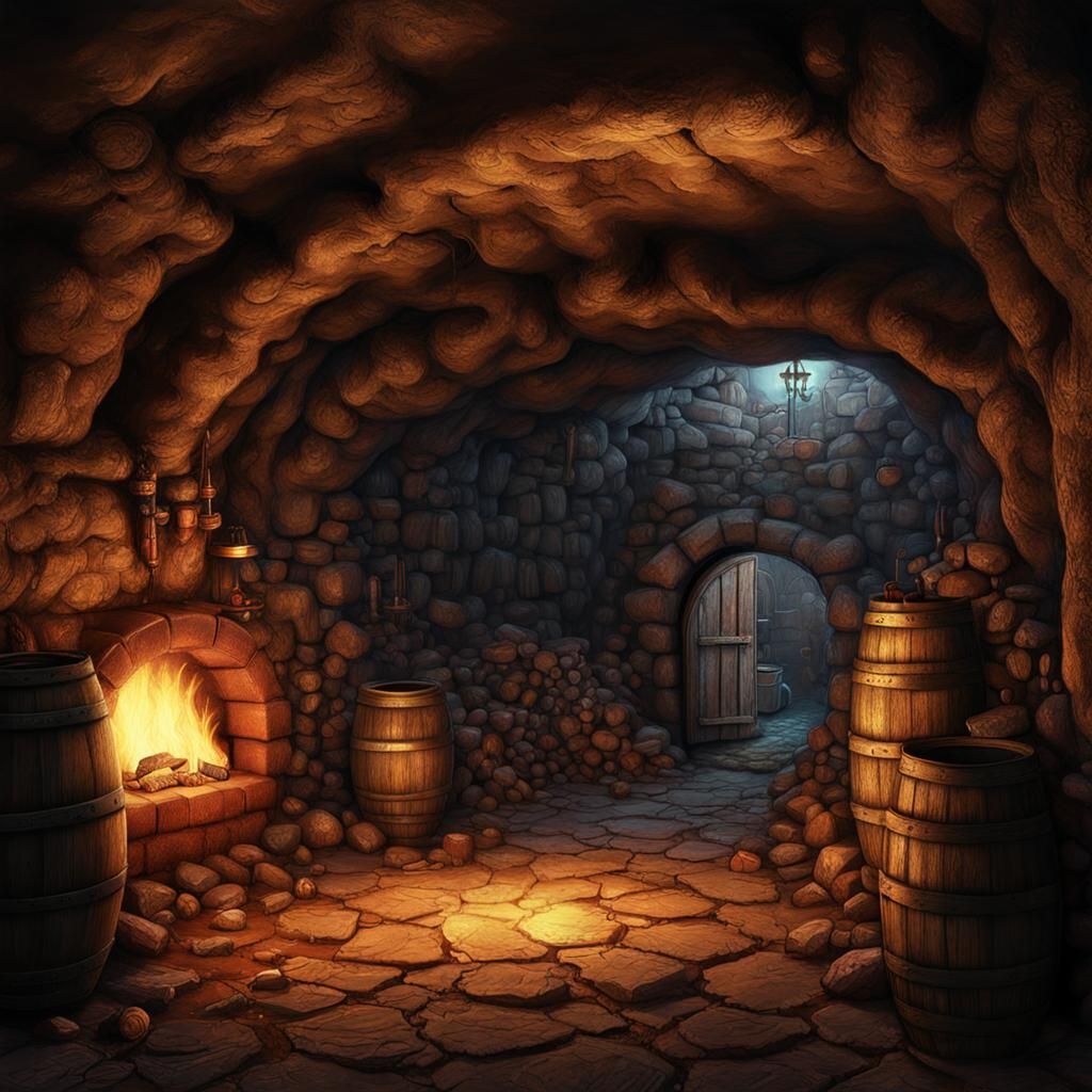 Forgotten Cellar Carved in Mountain, Fantasy Art