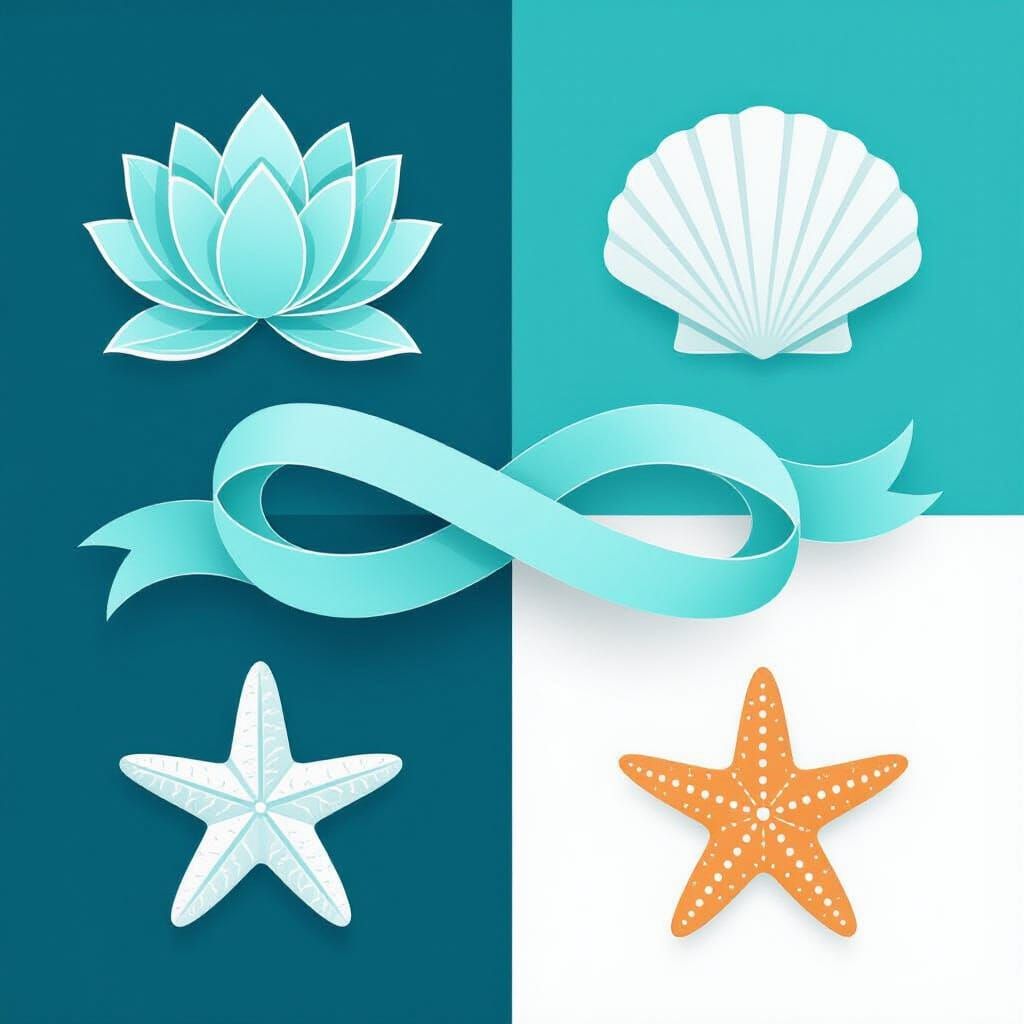 Minimalist Turquoise and White Graphic Elements: Lotus, Ribb...