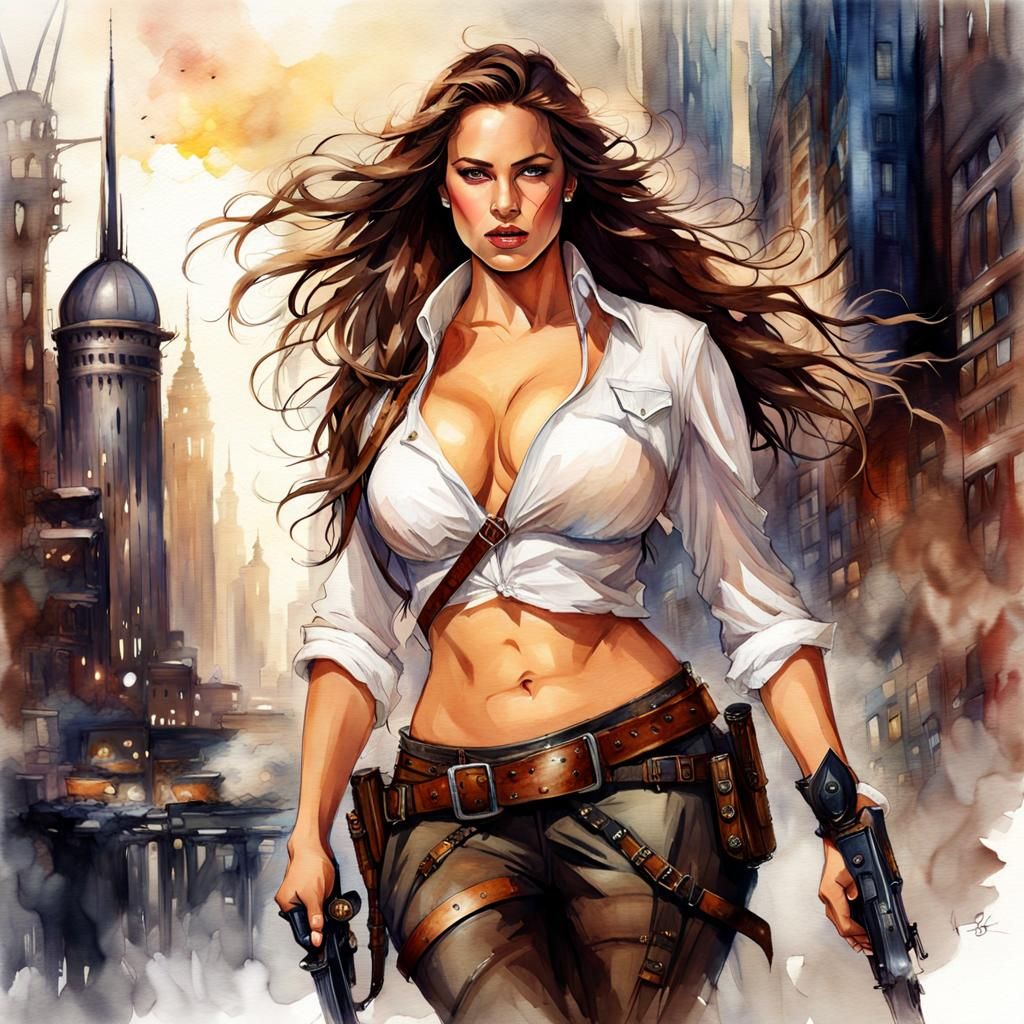 Fantasycore Warrior in Steampunk Cityscape