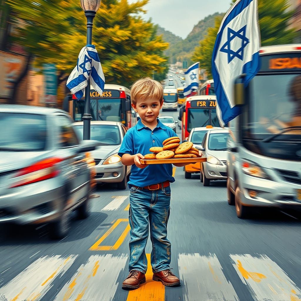 Boy with Cookies in Street: Abstract Art