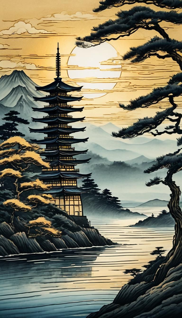 Pagoda and Pine Tree Ink Painting at Sunset
