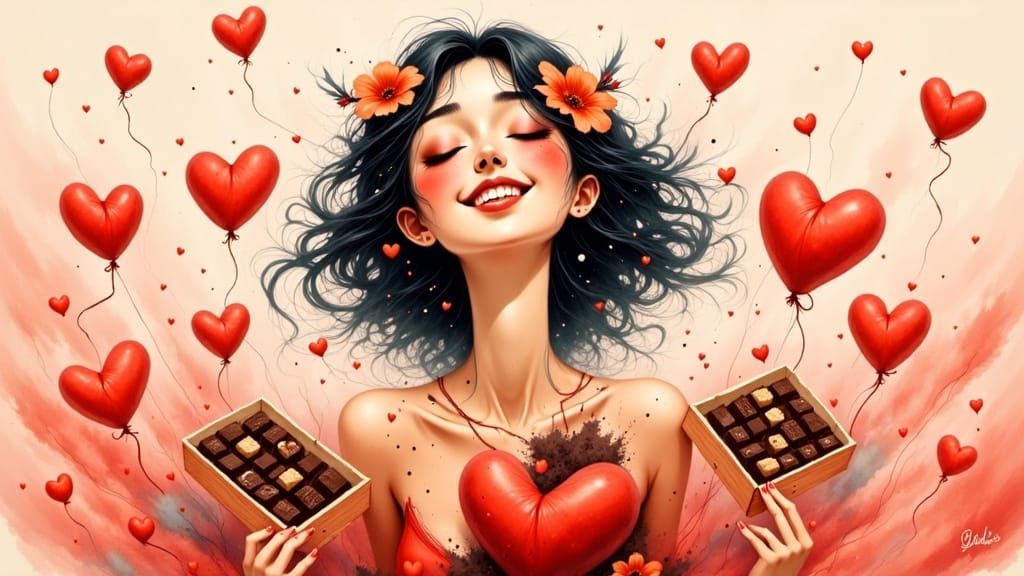 Whimsical Woman Surrounded by Chocolates and Hearts