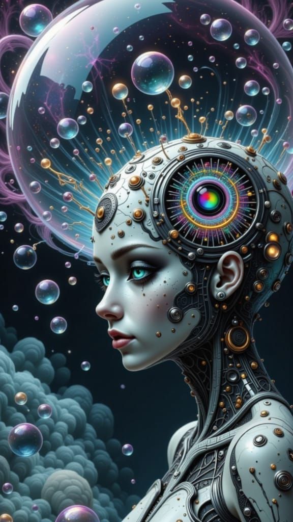 Quantum Girl Smiles at Cosmic Plasma in Abstract Style