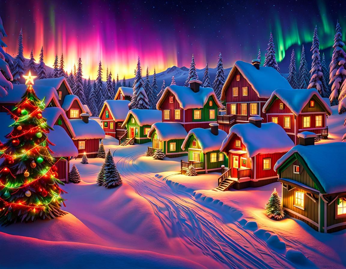Christmas Village Under Northern Lights: 3D Photorealism