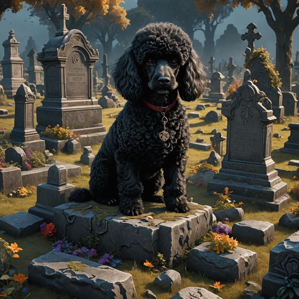 Black Poodle at Grave: Detailed Matte Painting