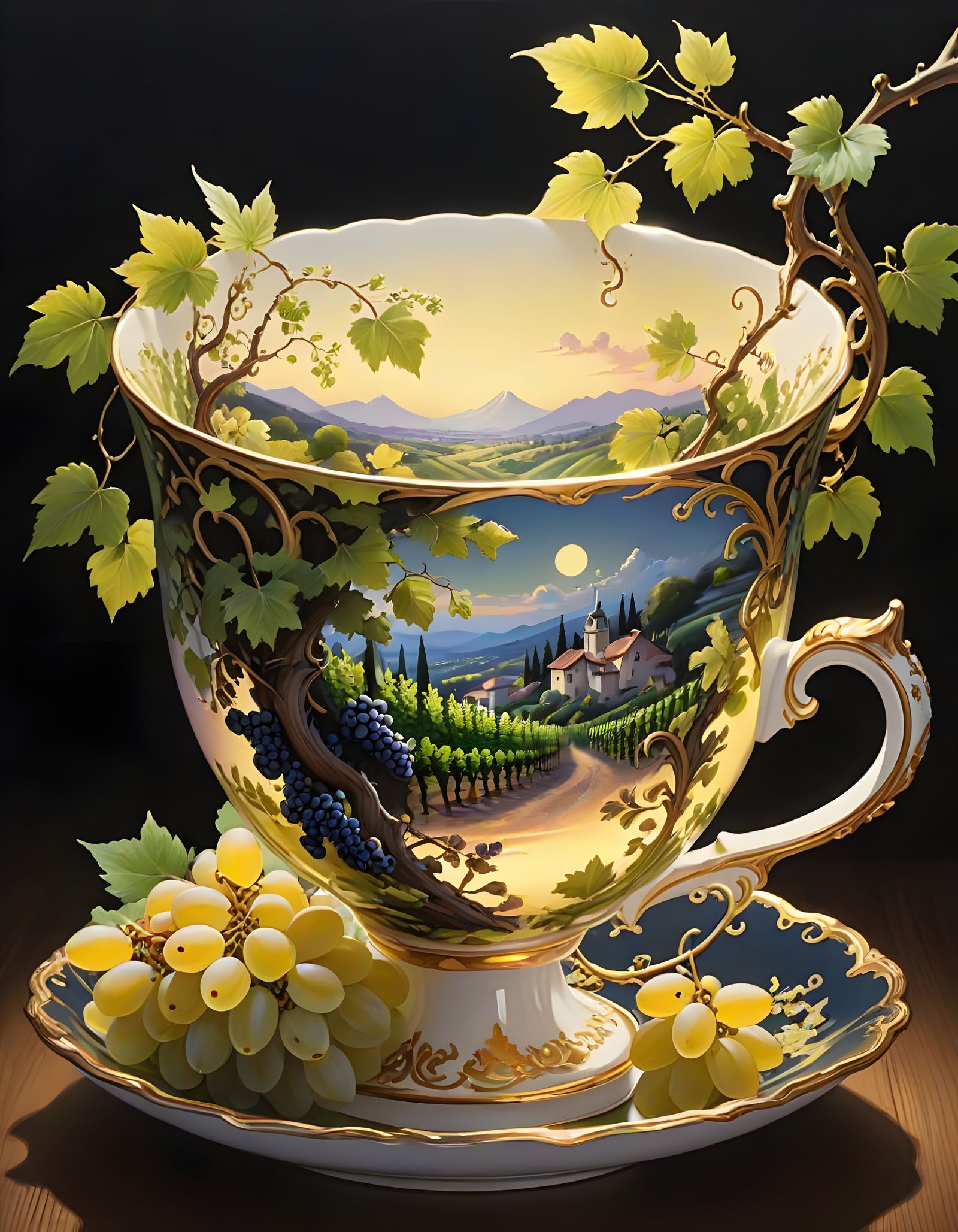 Elegant Baroque Teacup Containing Lush Vineyard Landscape