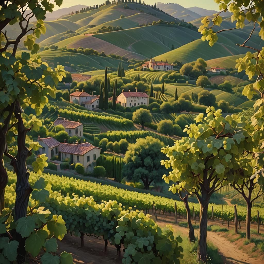 Sunset Vineyard in Rousseau-Inspired Cinematic Style