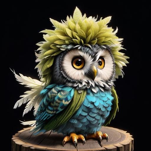 Adorable Blue Baby Owl with Green Mohawk