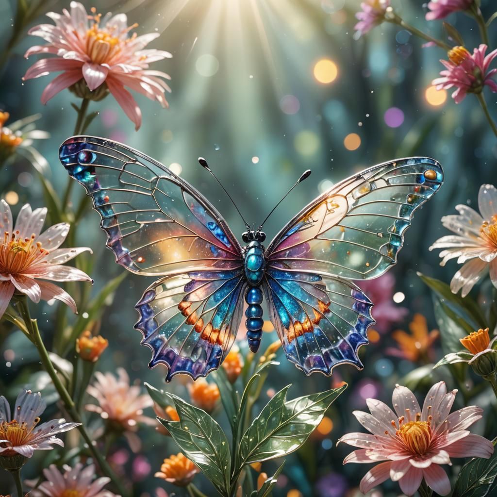 Glass Butterfly on Exotic Flower: Hyperrealistic Art