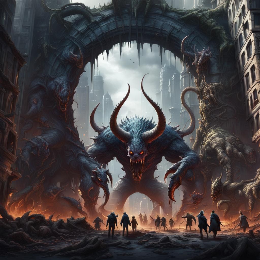 Monsters Invade City Through Portal: Fantasy Concept Art