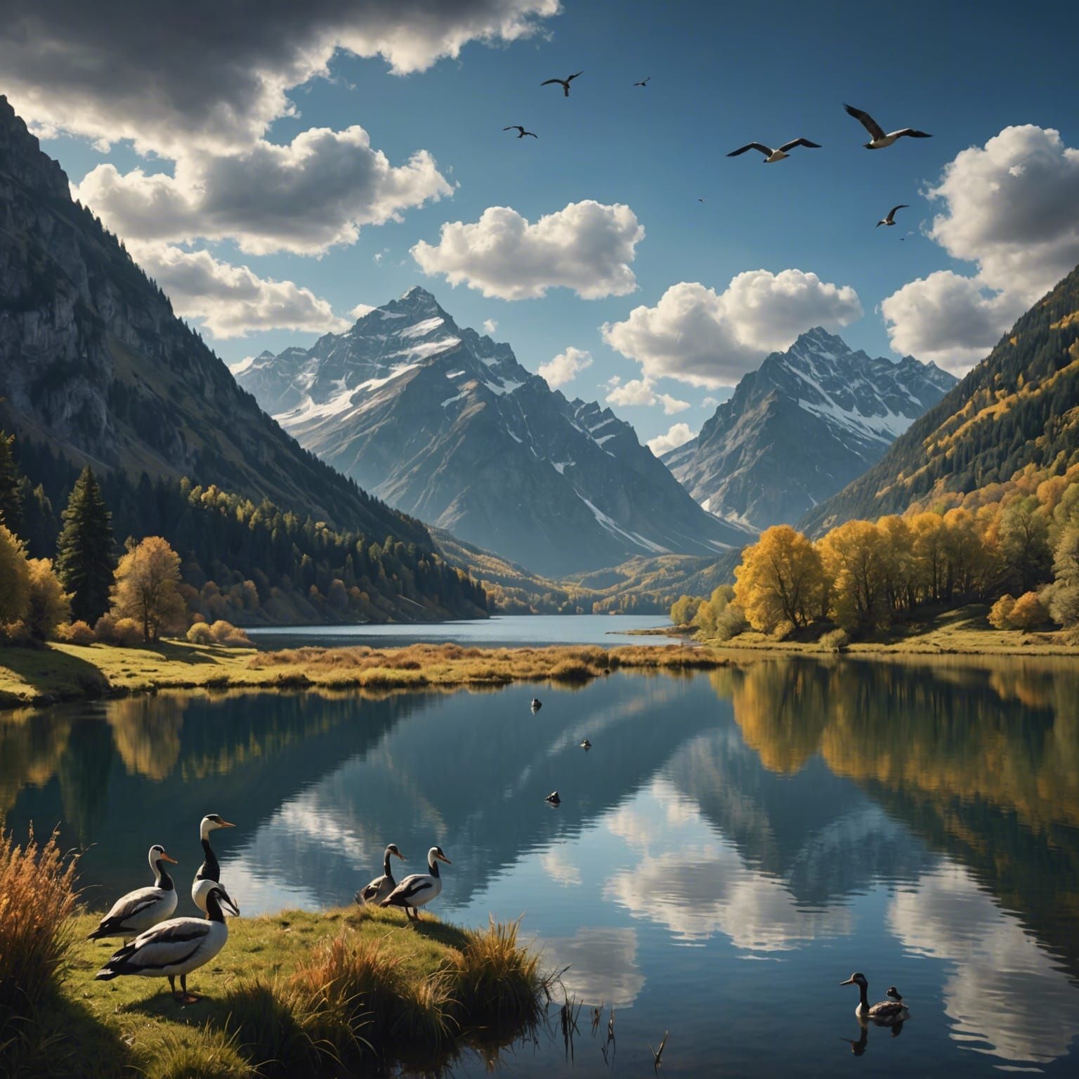 Mountain Lake Reflection with Waterfowl: Digital Painting