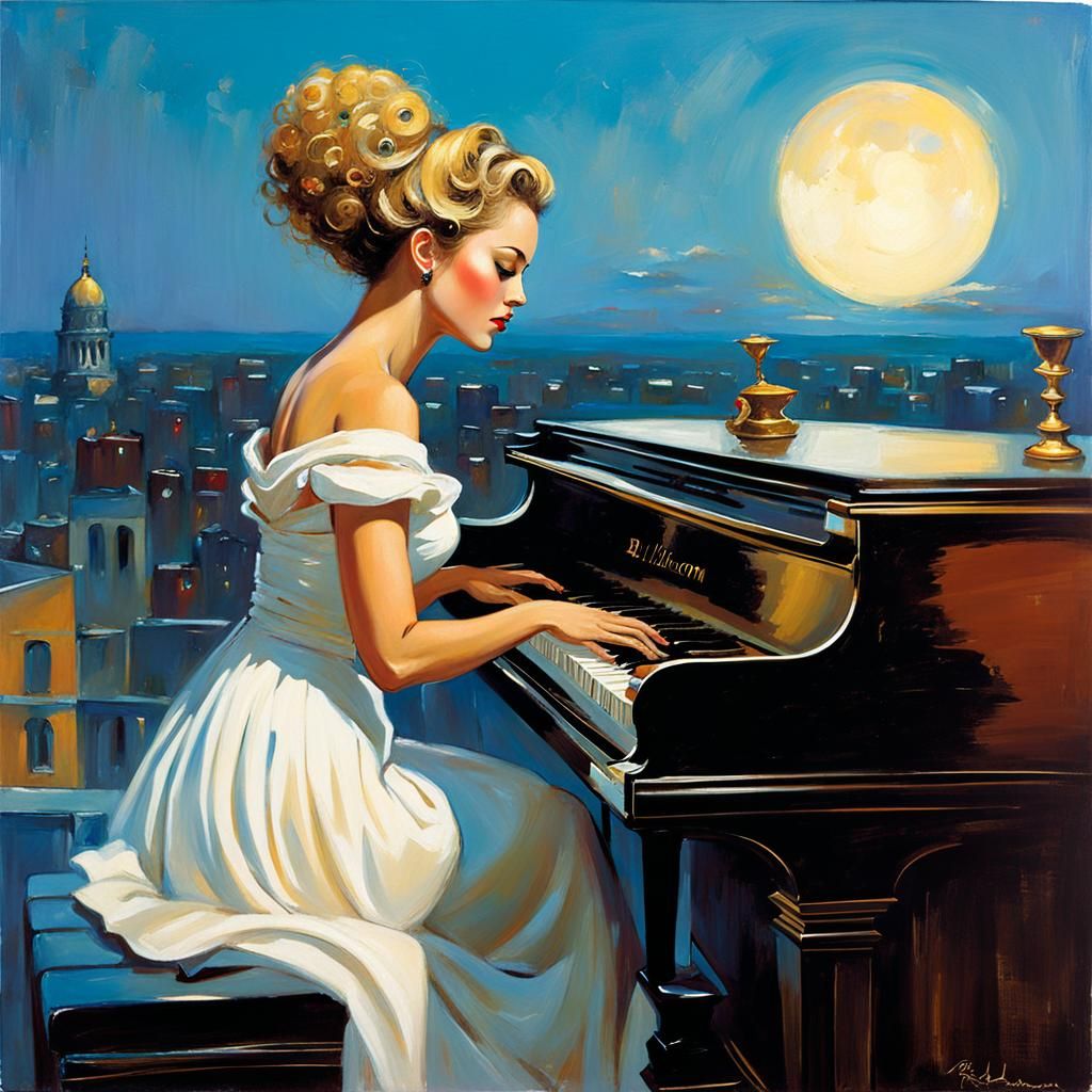 Elegant Woman Plays Piano in Surreal Dystopia