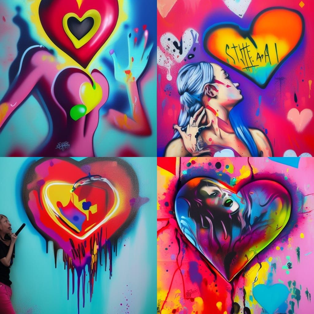 Frightened Woman and Floating Heart in Graffiti Art