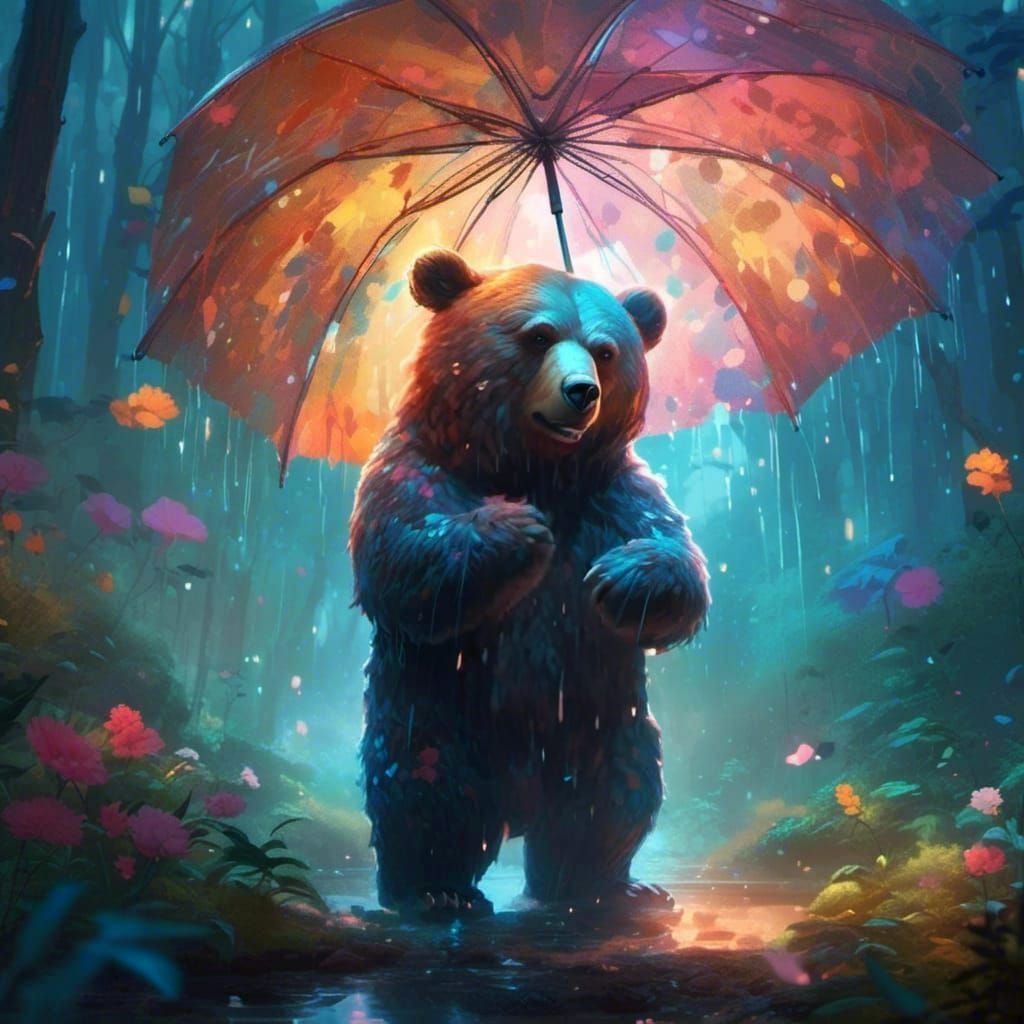 Sad Bear in Rainstorm: Detailed Matte Painting