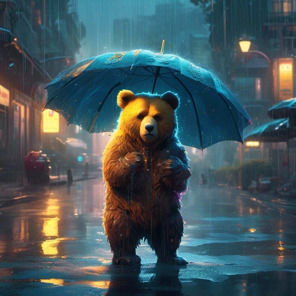 Sad Bear in Rainstorm: Detailed Matte Painting