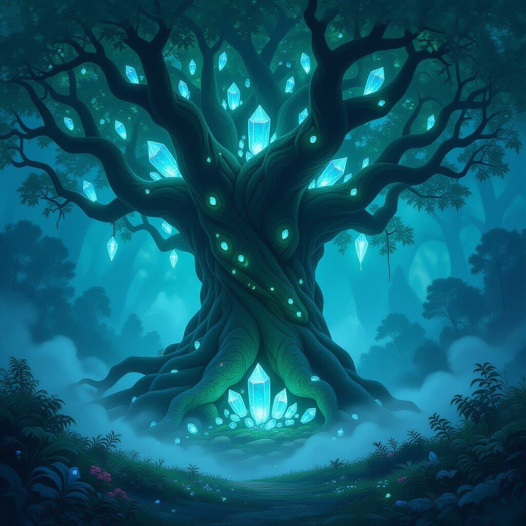 Ancient Bioluminescent Tree in Mystical Forest Clearing