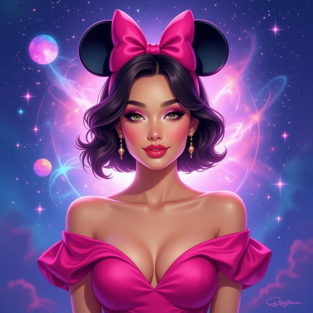 Cosmic Woman with Disney Ears in Holographic Style
