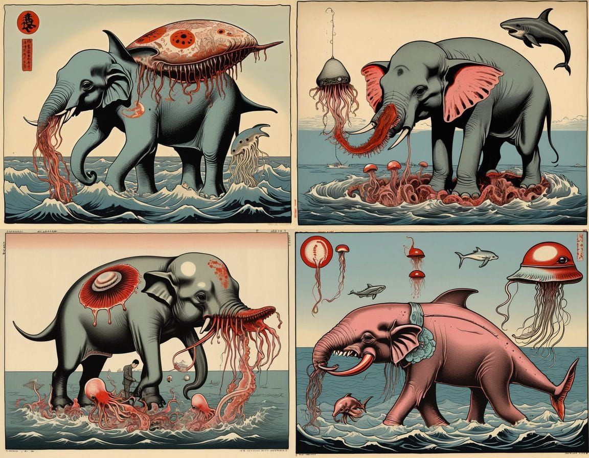 Horrific Mutant Sea Creatures in Thai Ukiyo-e Style