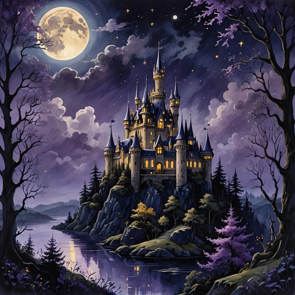 Magical Night Scene with Castle in Mystical Style