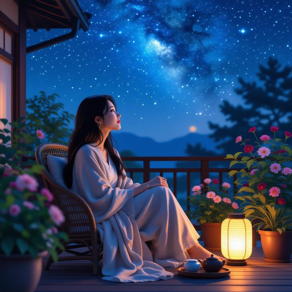 Starry Night Serenity: Asian Woman in Shinkai Style