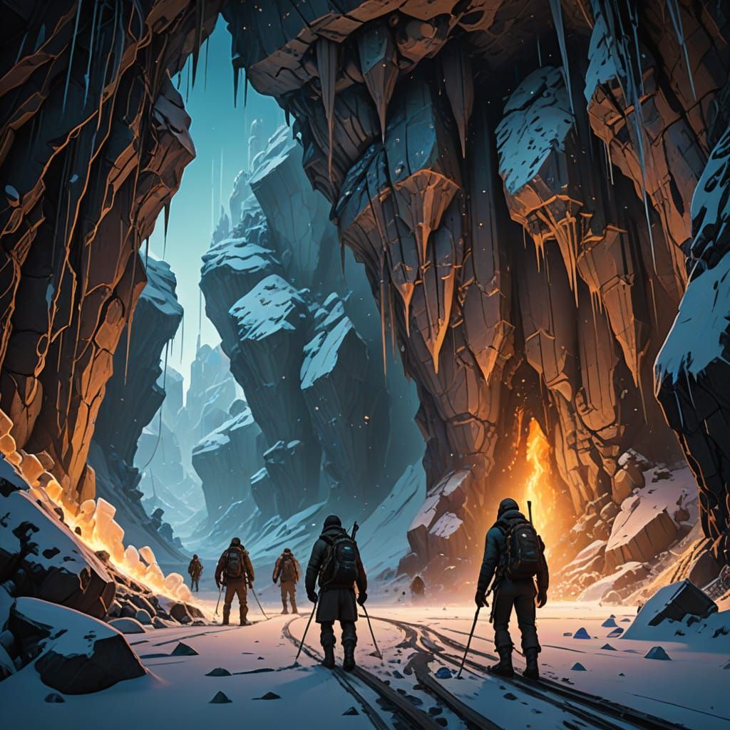 Ancient Ice Cavern Illuminated by Glowing Crystals in Fantas...