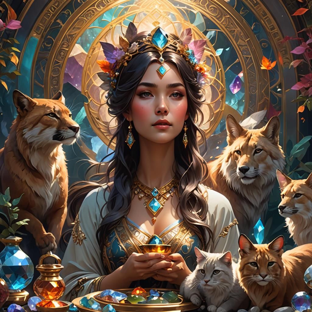 Metaphysical Portrait of Woman with Animals and Crystals