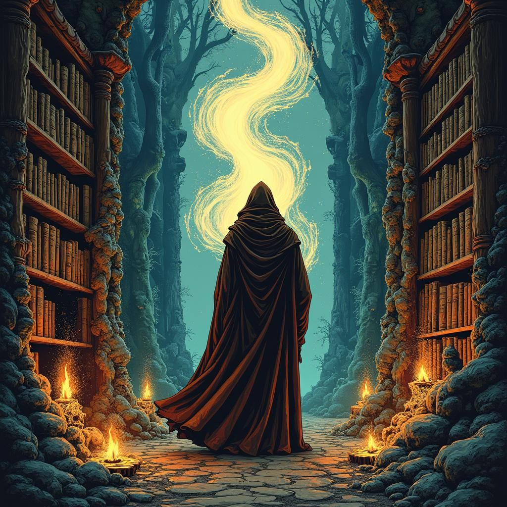 Mystical Wizard in Ancient Library, Linocut Style