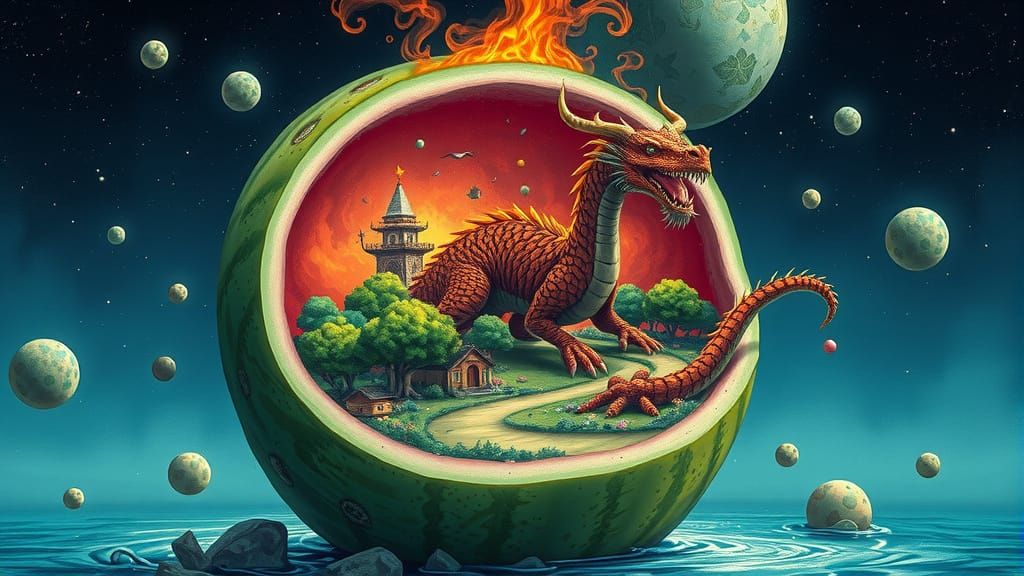 Fantastical Watermelon World with Majestic Dragon Utopia
