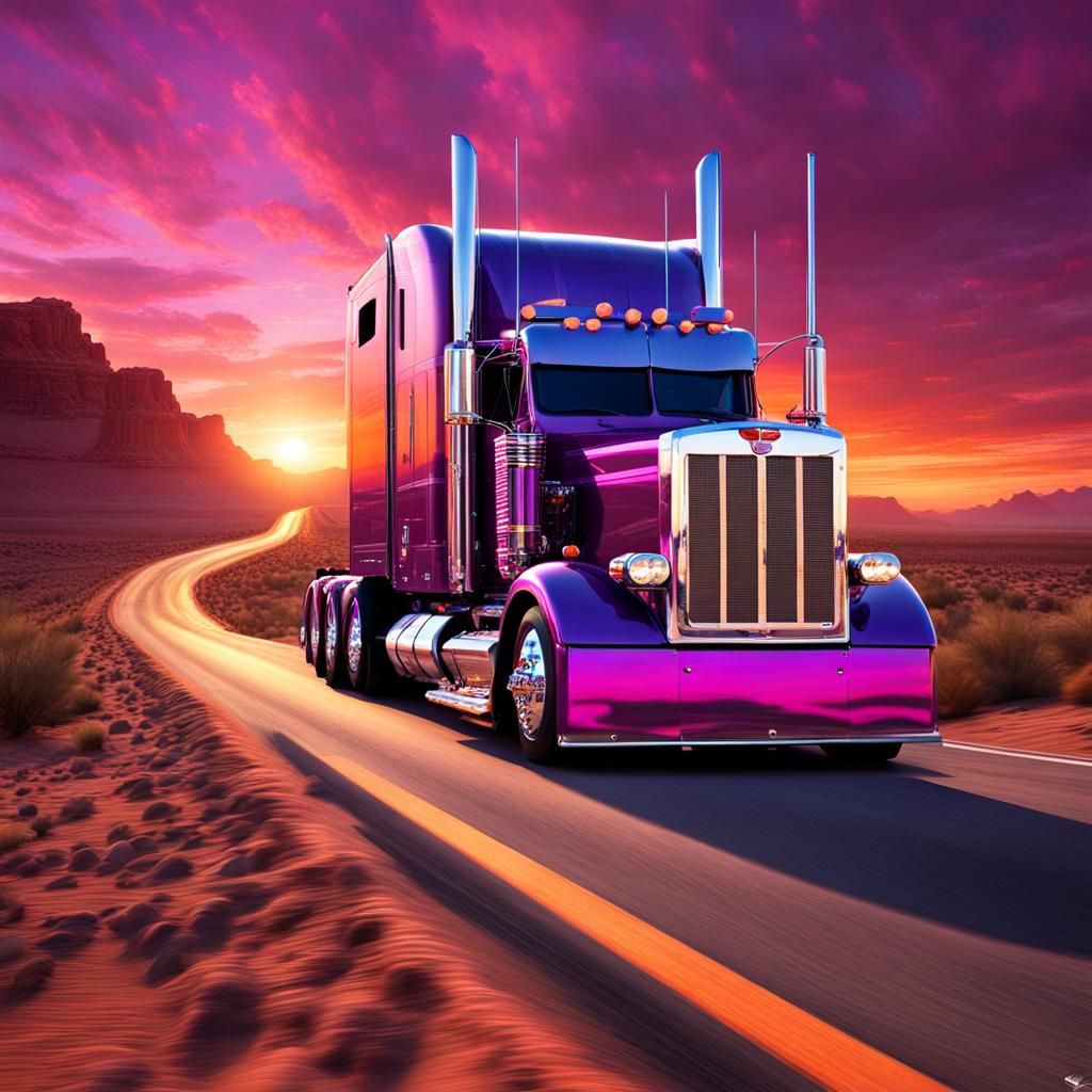 Custom Purple Peterbilt 379 on Desert Highway
