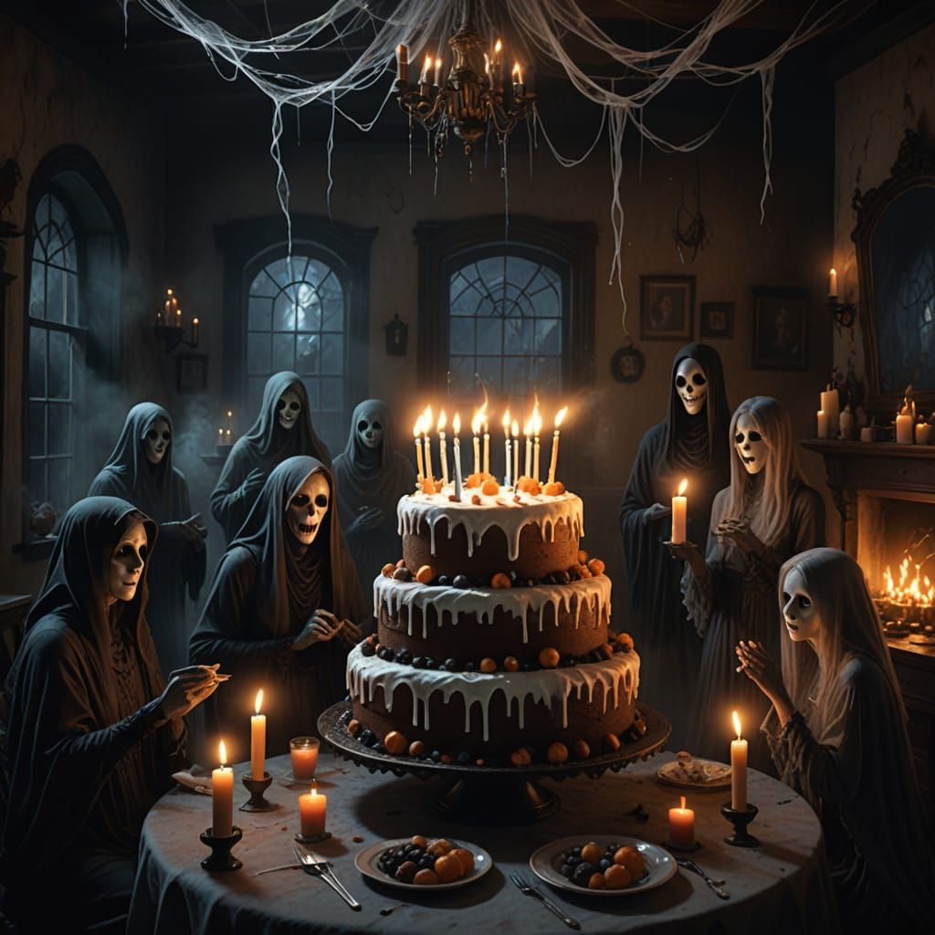 Ghosts Celebrate Birthday in Haunted House Digital Painting