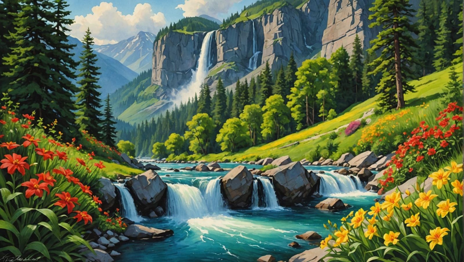 Watercolor Landscape with River and Waterfall