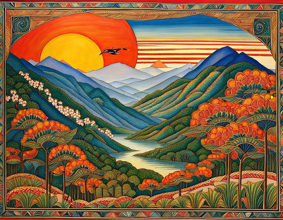 Mountainscape in Madhubani Style, Crane Inspiration