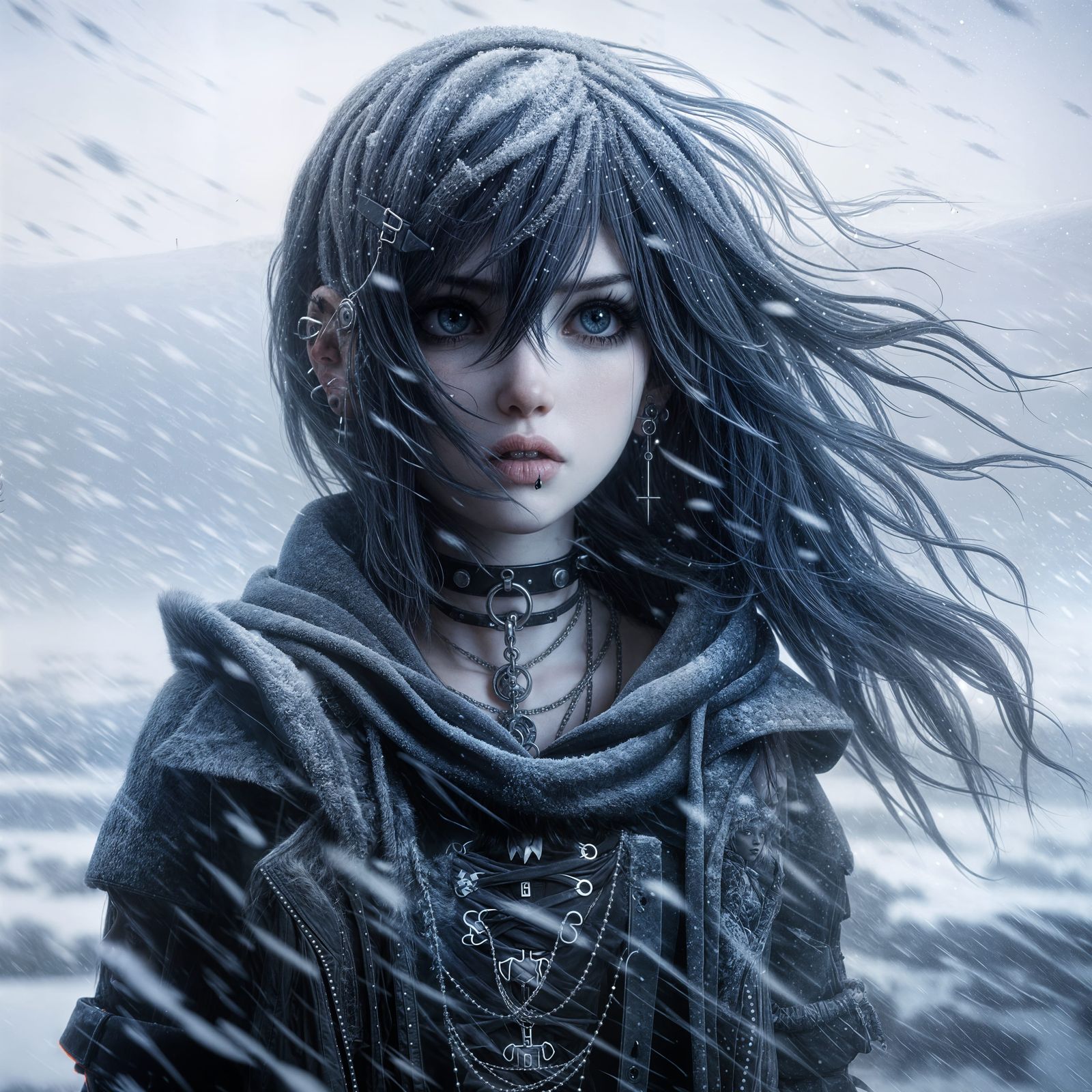 Goth Girl in Snowstorm as CGI Animation
