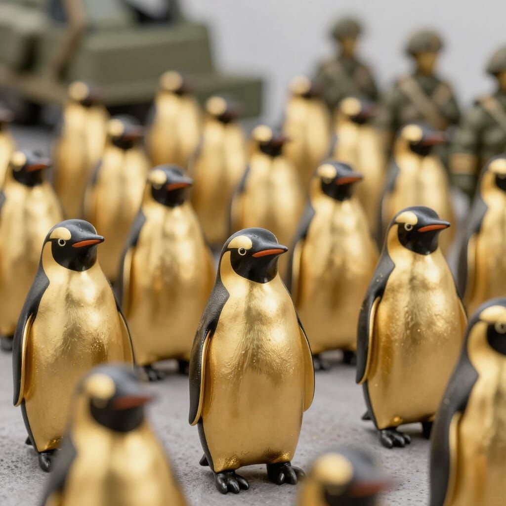 Solid Gold Penguin Army Assaults Military Forces