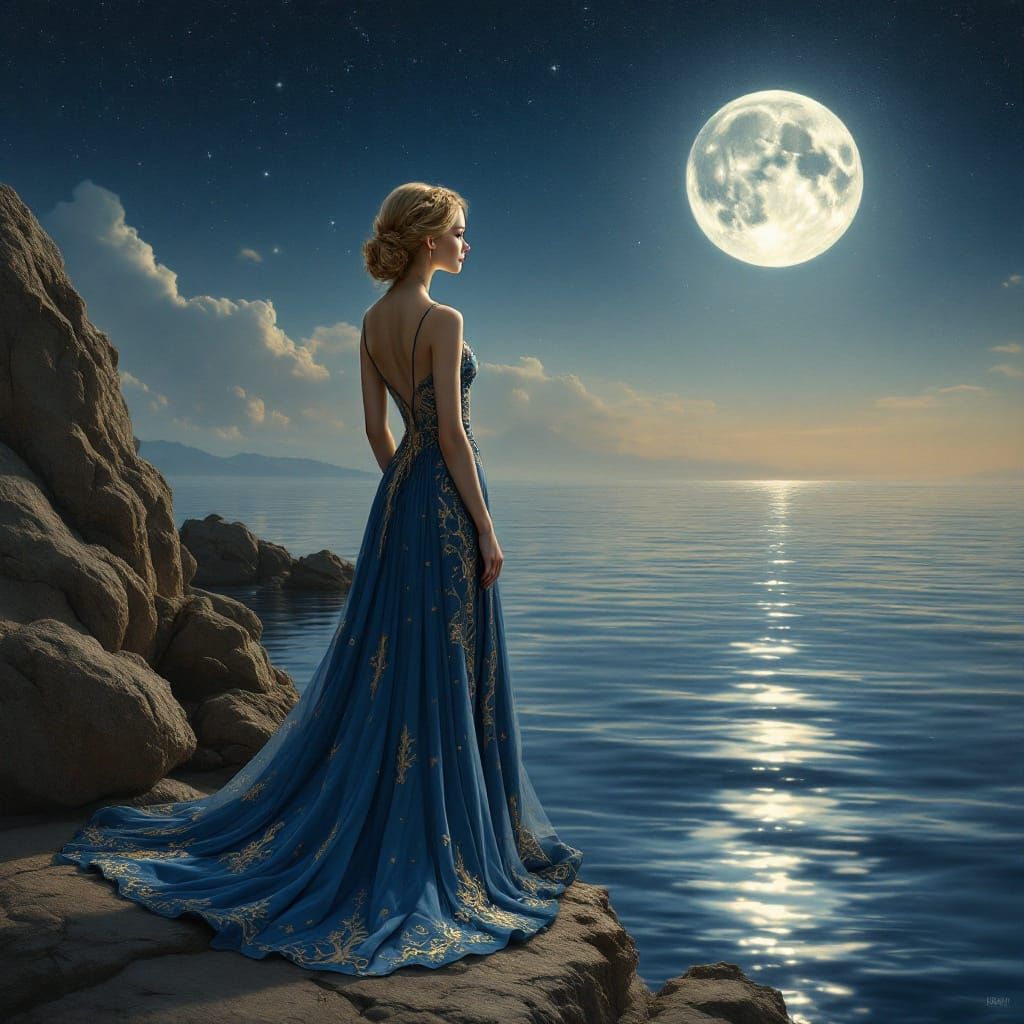 Ethereal Woman Under Moonlit Starry Sky
