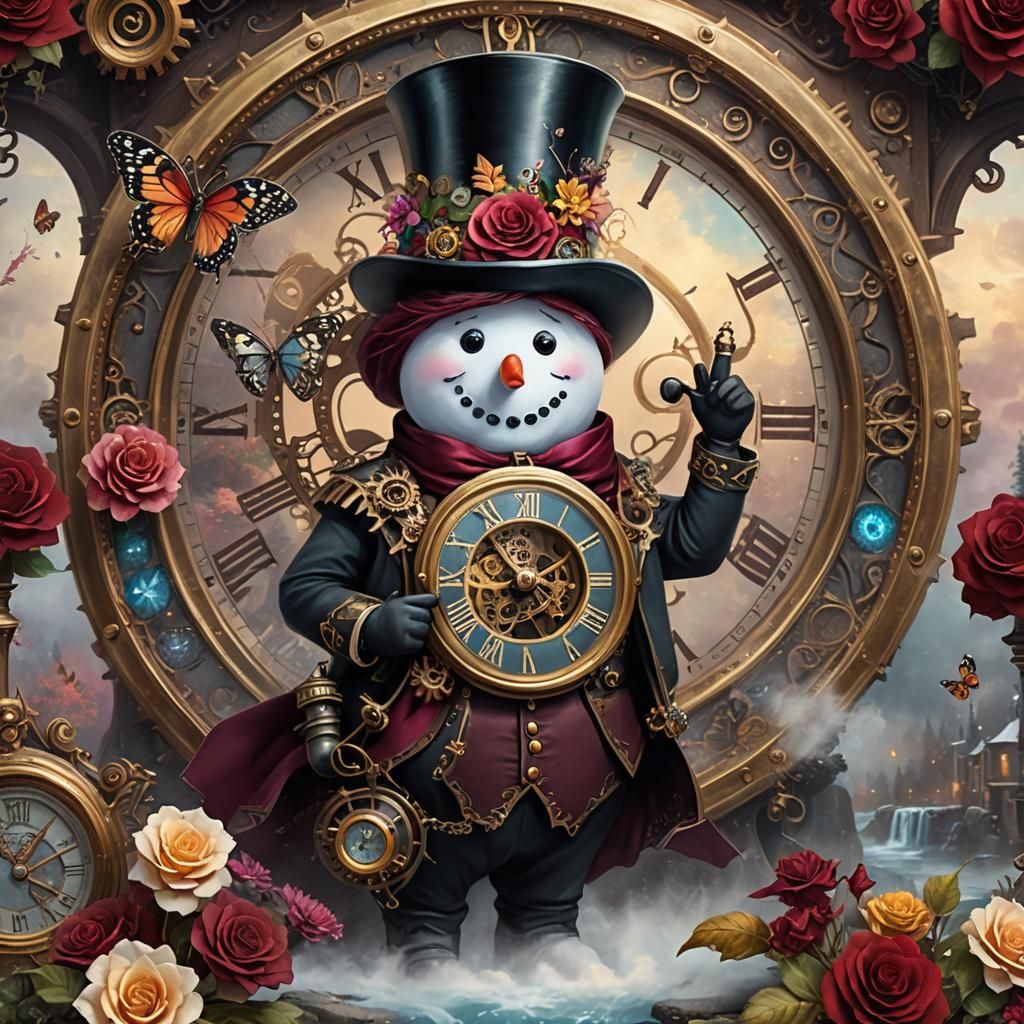 Steampunk Snowman with Clockwork Hat in Baroque Style