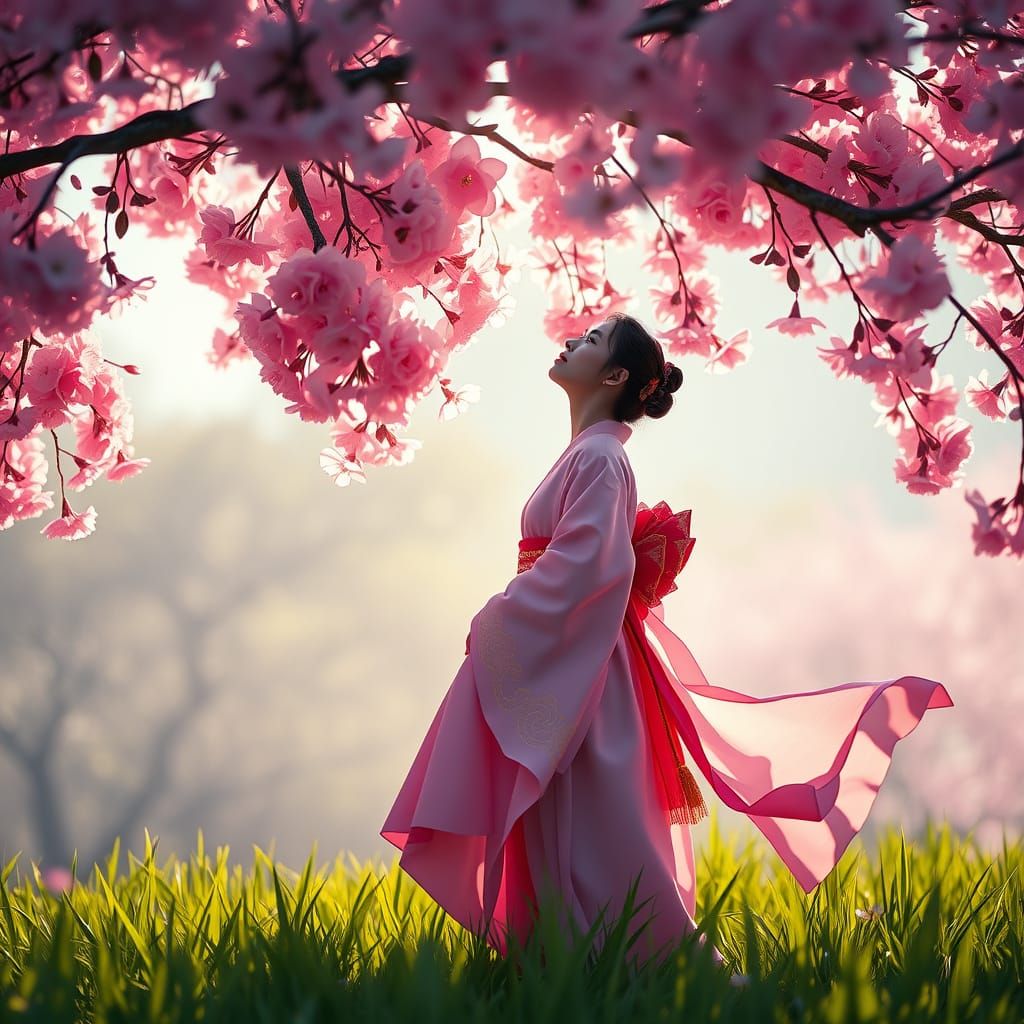 Woman in Serene Cherry Blossom Wonderland