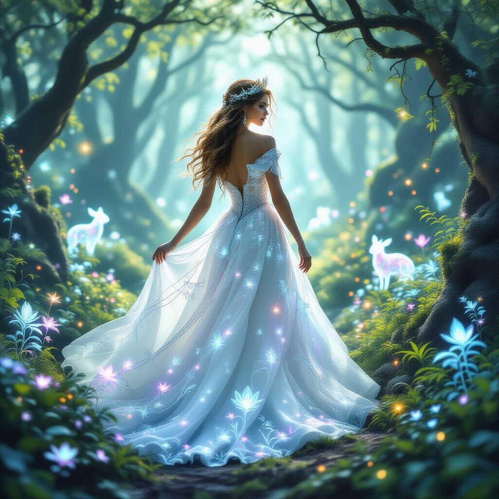 Magical Queen in Enchanted Forest with Luminous Plants